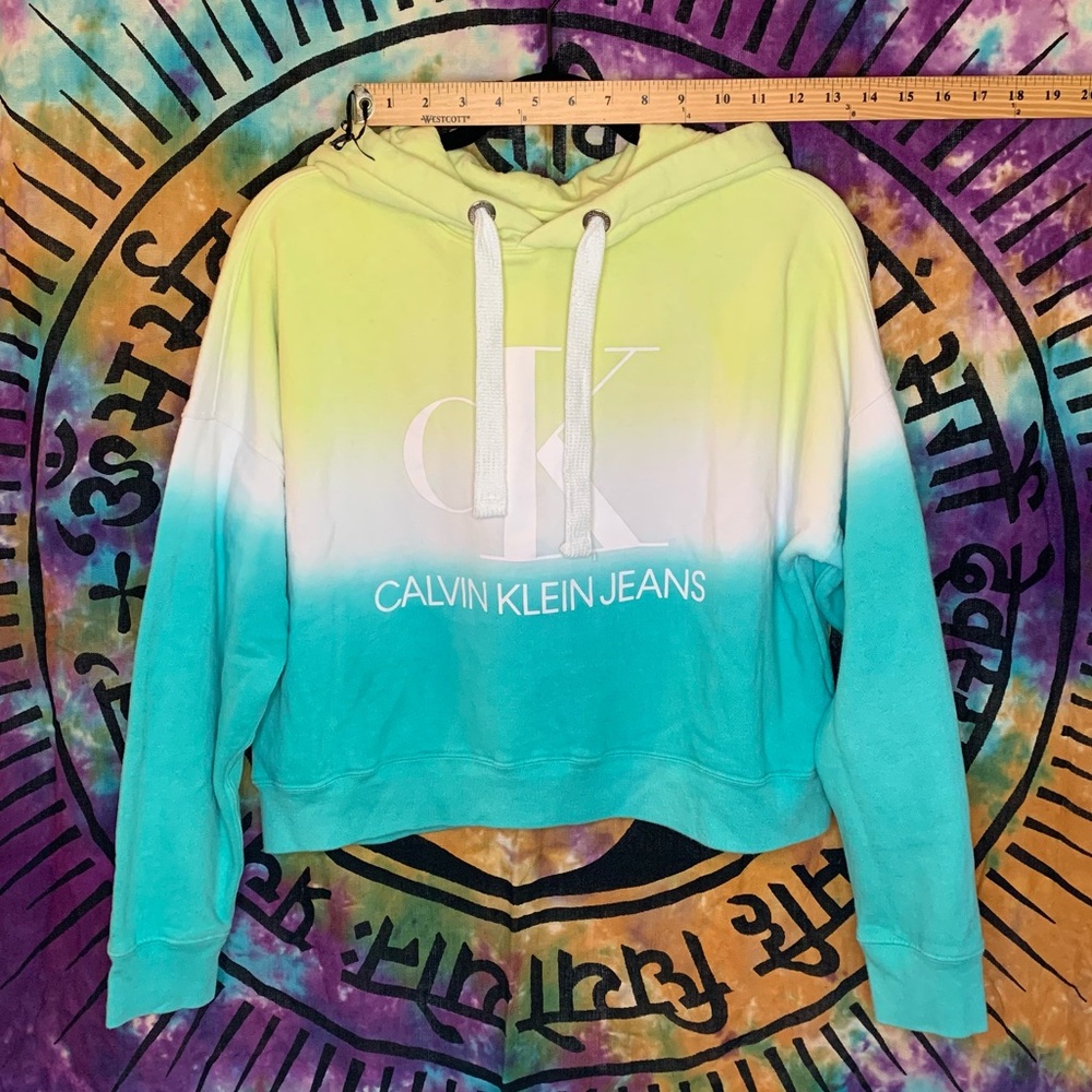 Calvin Klein Jeans Ombre Crop Hoodie 60% Cotton Size S Green/Teal/White - Picture 5 of 11